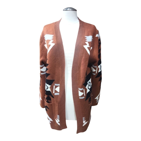 Chouyatou Aztec Cardigan Brown Southwest Open Front Sweater Size S - Picture 2 of 7